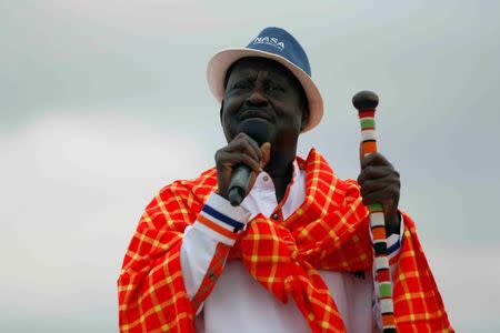 Kenyan opposition leader Raila Odinga, the presidential candidate of the National Super Alliance (NASA) coalition delivers a speech during an election rally in the town of Kajiado, Kenya July 28, 2017. REUTERS/Baz Ratner
