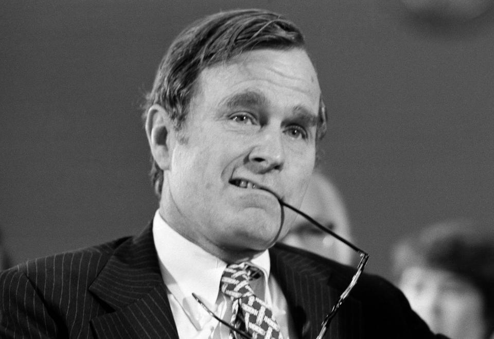 Republican Party chairman George Bush calls a meeting of the Republican National Committee in Washington, April 26, 1973. He said he is still confident that President Nixon was not involved in any of the Watergate scandals. Bush said, 