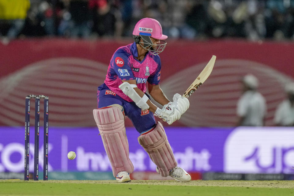 Rajasthan Royals' Yashasvi Jaiswal plays a shot during the Indian Premier League cricket match between Punjab Kings and Rajasthan Royals in Dharamshala, India, Friday, May 19, 2023. (AP Photo /Ashwini Bhatia)