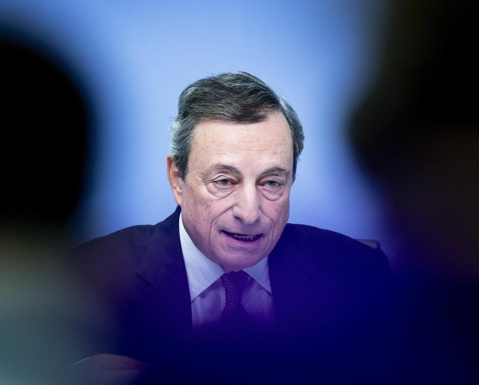 The President of European Central Bank, Mario Draghi, speaks during a news conference after a meeting of the ECB governing council in Frankfurt, Germany, Thursday, Sept.13, 2018. (AP Photo/Michael Probst)