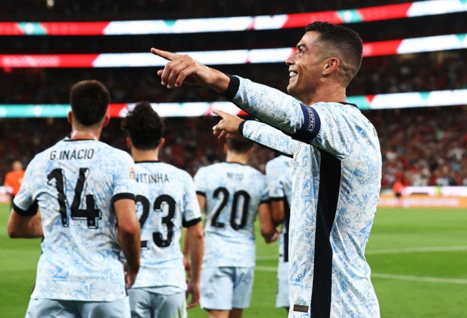 Cristiano Ronaldo celebrates scoring against Croatia