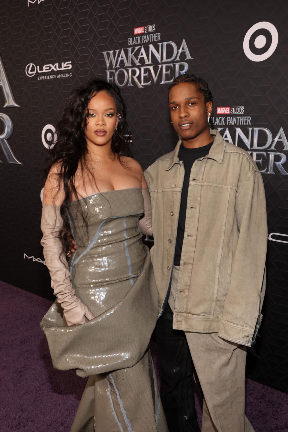 Rihanna and A$AP Rocky at the Black Panther: Wakanda Forever World Premiere wearing brown outifts