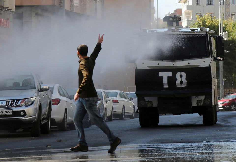 A protester in the Kurdish-dominated city of Diyarbakir, Turkey