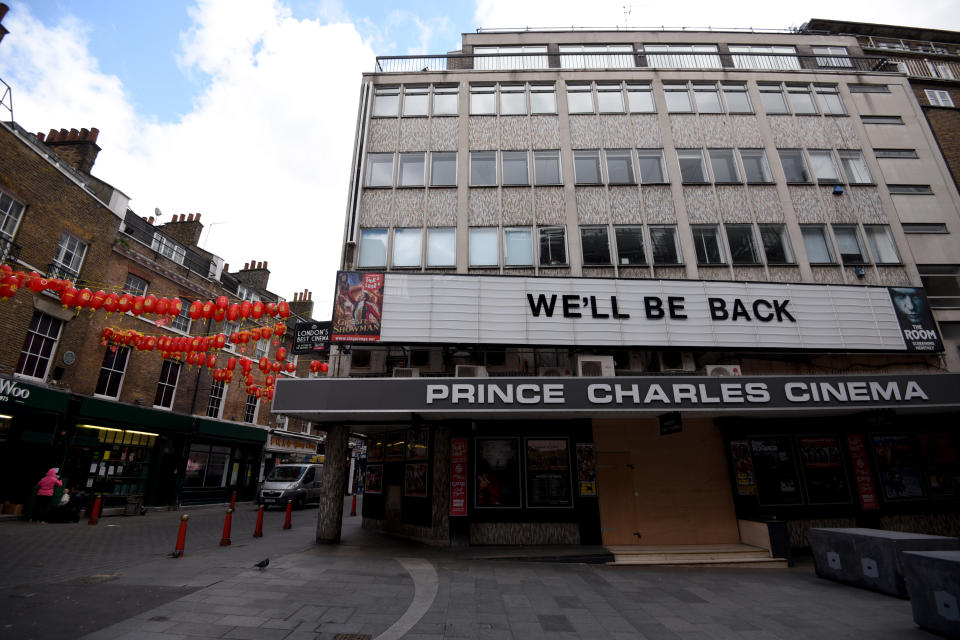 LONDON, UNITED KINGDOM - MARCH 31: A general view of the Prince Charles cinema in Leicester Square on March 31, 2020 in London, England. British Prime Minister, Boris Johnson, announced strict lockdown measures urging people to stay at home and only leave the house for basic food shopping, exercise once a day and essential travel to and from work. The Coronavirus (COVID-19) pandemic has spread to at least 182 countries, claiming over 10,000 lives and infecting hundreds of thousands more. (Photo by Kate Green/Anadolu Agency via Getty Images)