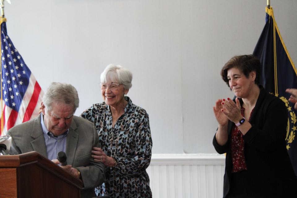 An emotional Sen. Lou D'Allesandro, D-Manchester, with his wife Patricia and daughter Christina. The longtime state senator announced his retirement on Tuesday, May 21.