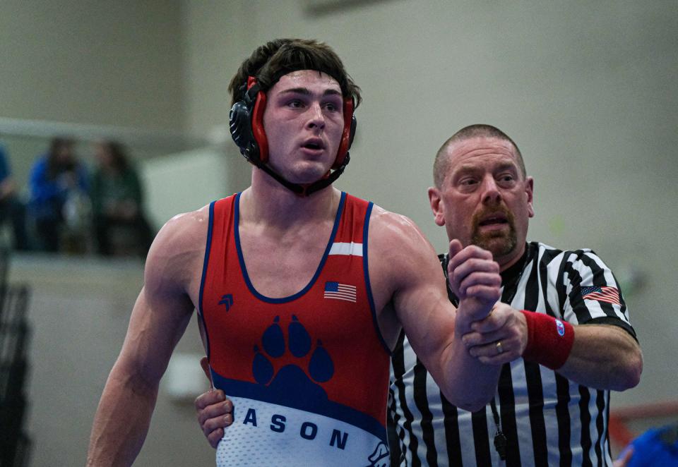 Mason's 190 weight class winner Derek Badgley at the CAAC Wrestling Championships Saturday, Feb. 3, 2024.