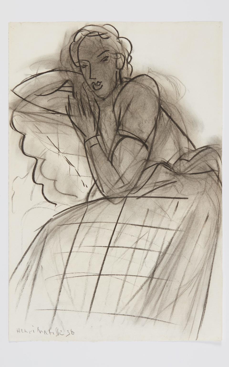 Henri Matisse, Jeune fille accoudée (Young Girl Leaning on Elbow), signed and dated “Henri Matisse 38” lower left, charcoal on paper, 1938. Accompanied by a certificate of authenticity signed by Marguerite Duthuit and dated September 26, 1980. Estimate $900,000 - 1,200,000 - Courtesy of Phillips Auctioneers