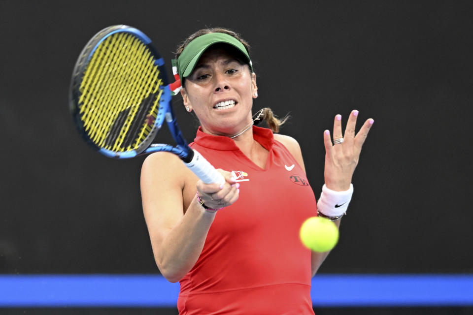 Giuliana Olmos of Mexico plays a forehand to Arina Rodionova of Australia during their Billie Jean King Cup tennis match in Brisbane, Friday, April 12, 2024. (Darren England/AAP Image via AP)