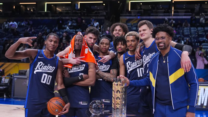 Team Jalen celebrates after winning the championship game of the NBA basketball Rising Stars event in Indianapolis, Friday, Feb. 16, 2024. 