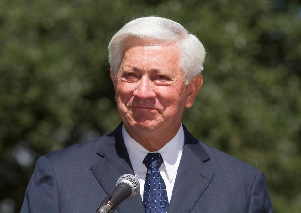 Former mayor and Hancock Bank CEO George Schloegel speaks at a the 115th birthday celebration for Hancock Bank on Thursday, October 9, 2014, in Gulfport.