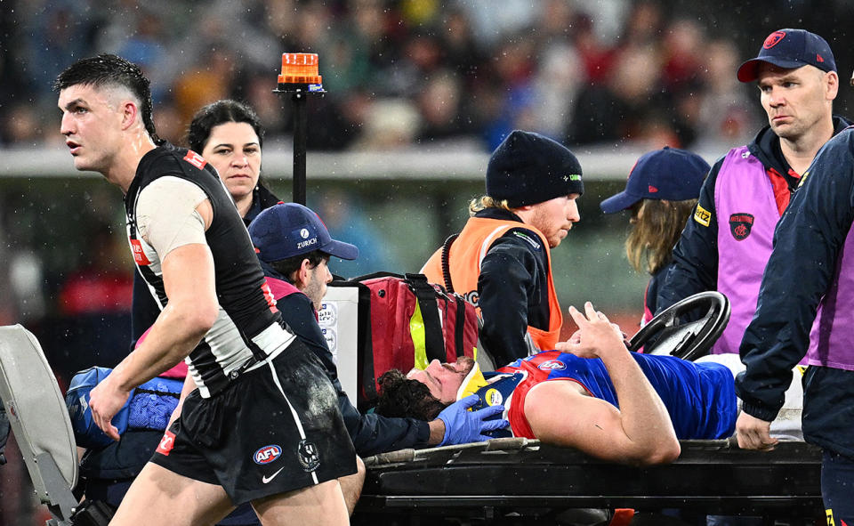 Brayden Maynard, pictured here checking on Angus Brayshaw after the sickening incident.