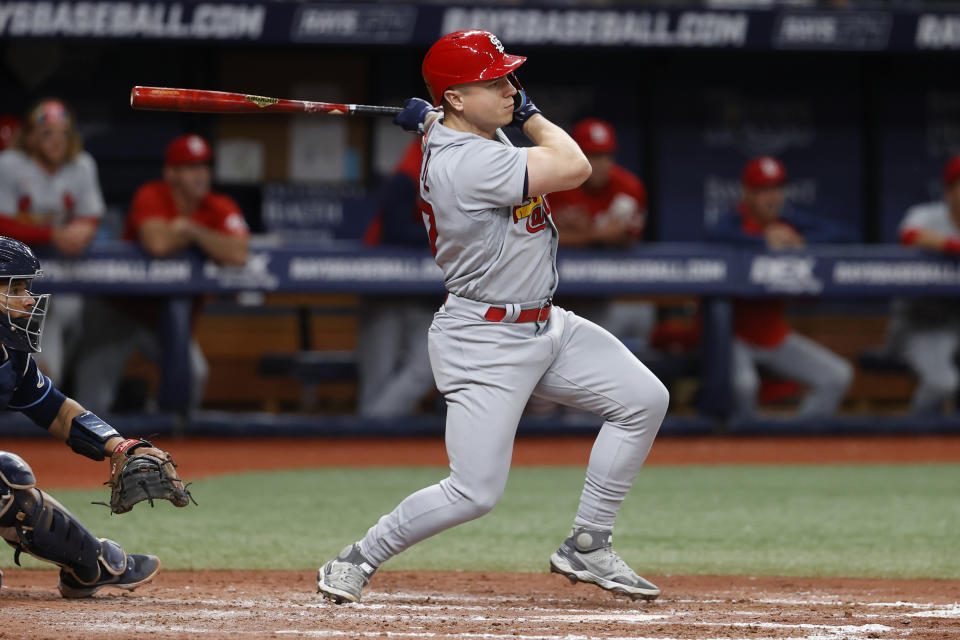St. Louis Cardinals' Tyler O'Neill watches his two-run double against the Tampa Bay Rays during the sixth inning of a baseball game Wednesday, June 8, 2022, in St. Petersburg, Fla. (AP Photo/Scott Audette)
