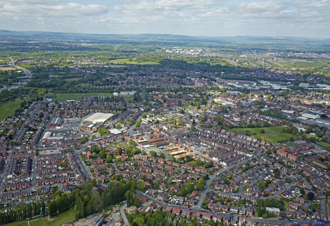 Aerial view of the suburbs of Manchester with Salford and districts of Charlestown, Broughton and Crumpsall in foreground