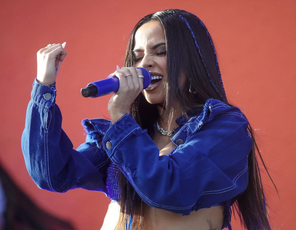 Becky G performs on the Coachella Stage at the Coachella Valley Music and Arts Festival in Indio, Calif., Friday, April 14, 2023. 