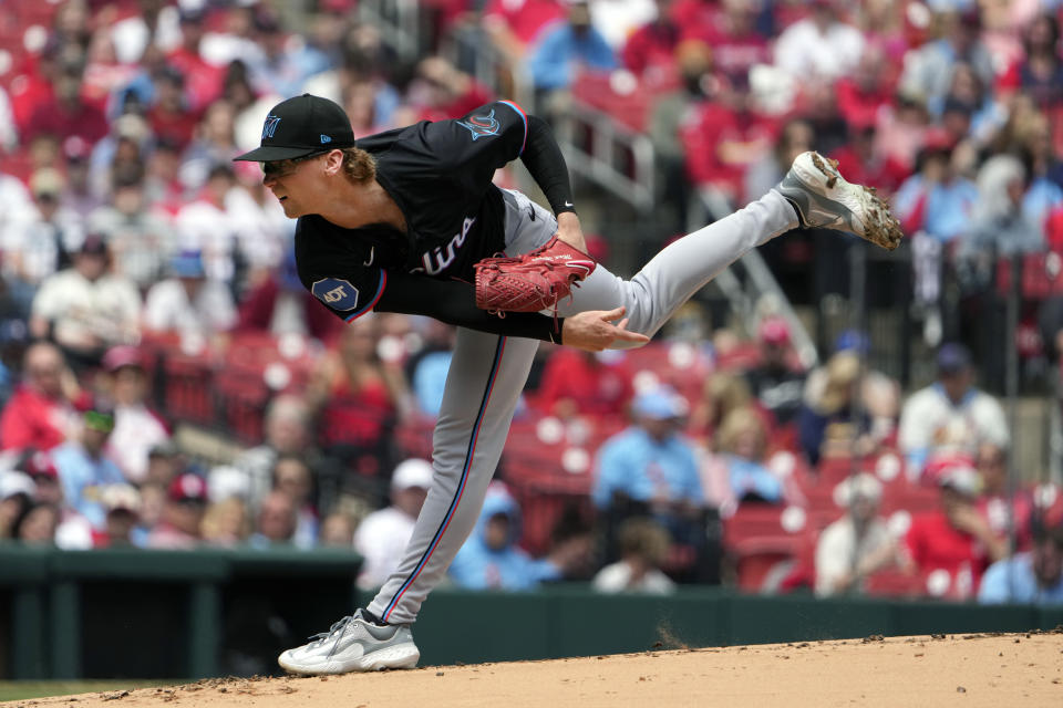 Miami Marlins starting pitcher Max Meyer throws during the first inning of a baseball game against the St. Louis Cardinals Sunday, April 7, 2024, in St. Louis. (AP Photo/Jeff Roberson)