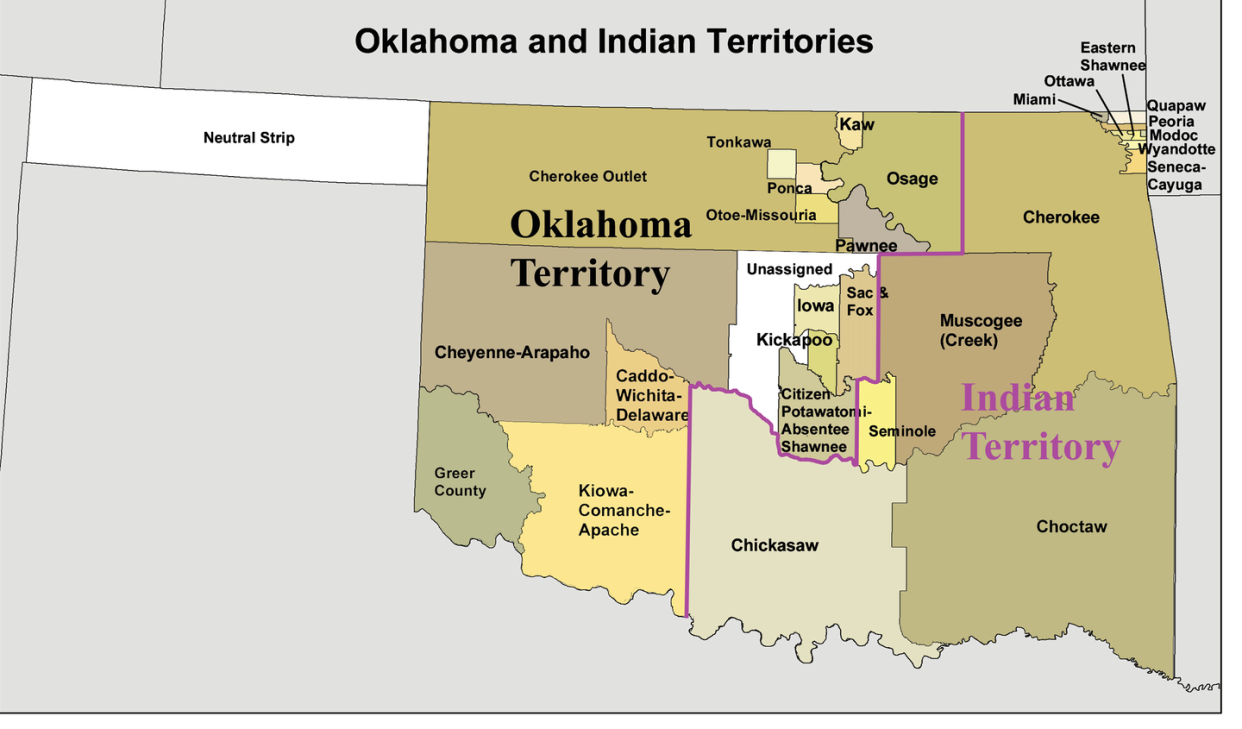 <span class="caption">The eastern part of Oklahoma, about half of the state's total land, was granted by Congress to Native American tribes in the 19th century, and is still under tribal sovereignty, the Supreme Court has ruled.</span> <span class="attribution"><a class="link " href="https://commons.wikimedia.org/wiki/File:Okterritory.png" rel="nofollow noopener" target="_blank" data-ylk="slk:Kmusser, based on 1890s data/Wikimedia Commons;elm:context_link;itc:0;sec:content-canvas">Kmusser, based on 1890s data/Wikimedia Commons</a>, <a class="link " href="http://creativecommons.org/licenses/by-sa/4.0/" rel="nofollow noopener" target="_blank" data-ylk="slk:CC BY-SA;elm:context_link;itc:0;sec:content-canvas">CC BY-SA</a></span>