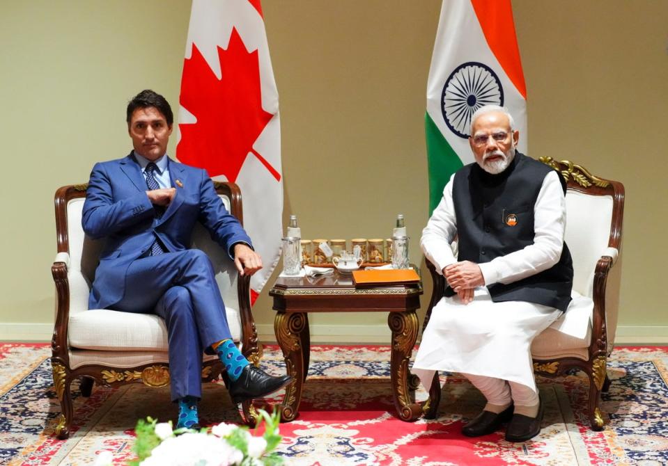 Canadian prime minister Justin Trudeau takes part in a meeting with Indian prime minister Narendra Modi during the G20 Summit (AP)