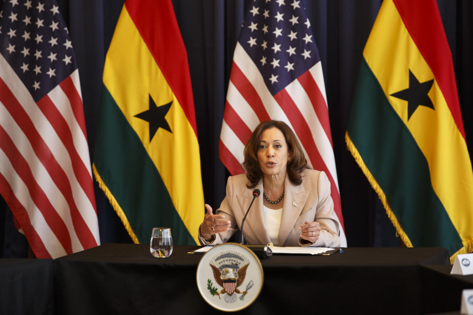 U.S. Vice President Kamala Harris conducts a roundtable of women entrepreneurs to discuss economic empowerment, inclusion, and leadership in Accra, Ghana, Wednesday March 29, 2023. Harris is on a seven-day African visit that will also take her to Tanzania and Zambia. (AP Photo/Misper Apawu)