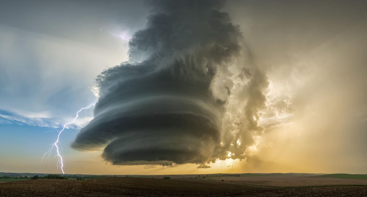 Extreme weather on the high plains of Nebraska with this stunning LP supercell mesocyclone with lightning, taken near Broken Bow, USA.