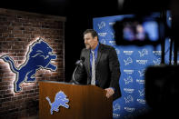 In this image provided by the Detroit Lions, Detroit Lions head coach Dan Campbell speaks during a news conference via video on his first day at the NFL football team's practice facility, Thursday, Jan. 21, 2021 in Allen Park, Mich. (Detroit Lions via AP).