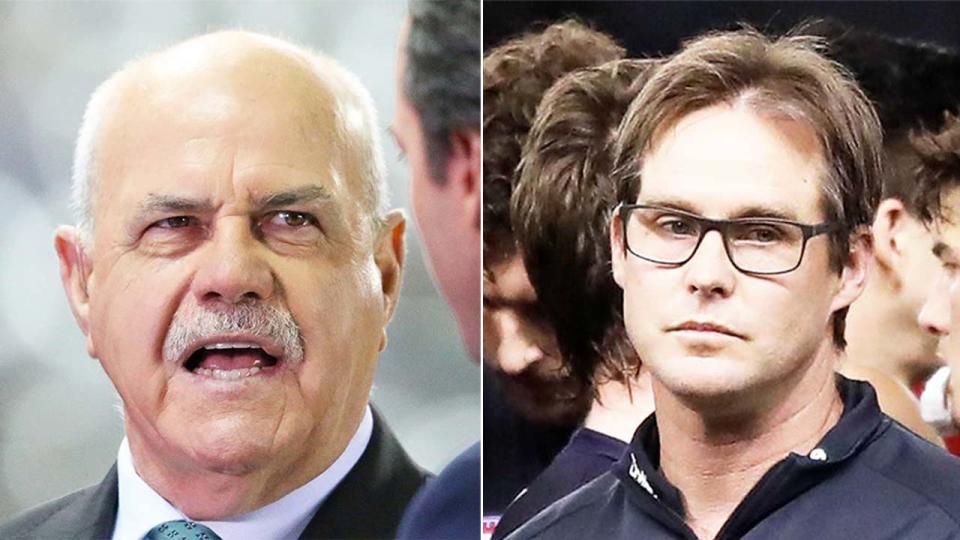 AFL legend Leigh Matthews (pictured left) has offered some words of advice for David Teague (pictured right) before unleashing on the Carlton hierarchy. (Getty Images)