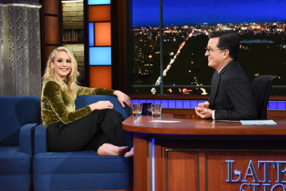 After “WWHL,” Jennifer Lawrence then made an appearance on “The Late Show with Stephen Colbert” where she says she took shots with the host. <em>(Photo: Getty)</em>