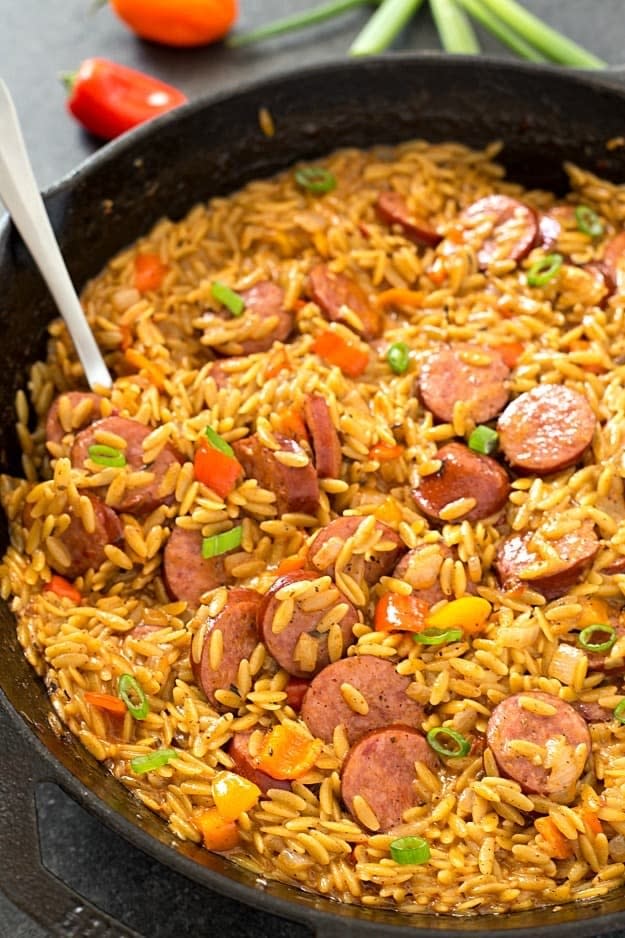 A creamy orzo skillet with sausage
