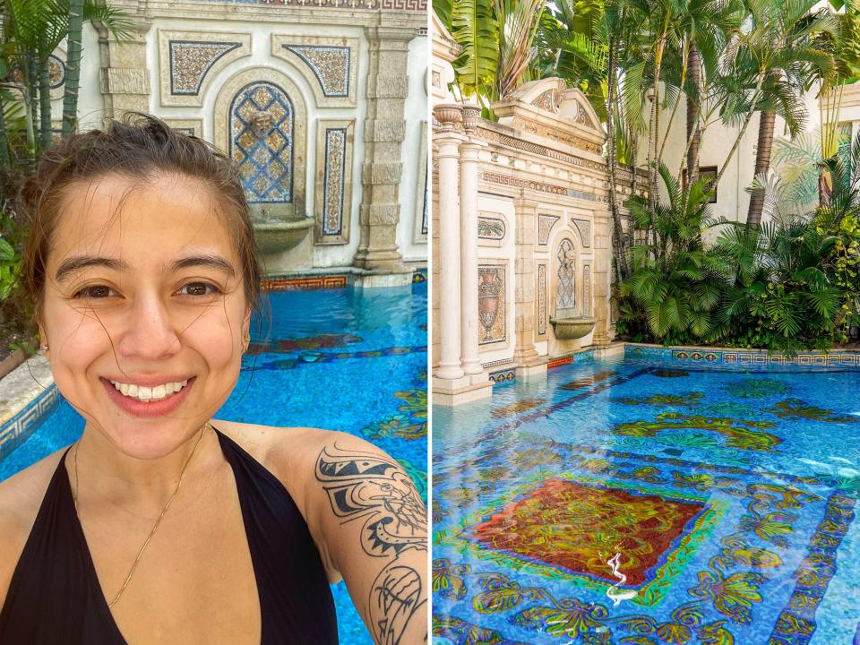 Side by side photos in the versace mansion show the author and the pool