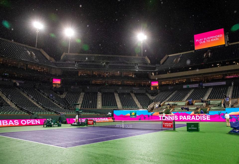 Stadium 1 is seen during a rain delay in round one of the BNP Paribas Open in Indian Wells, Calif., Thursday, March 7, 2024.