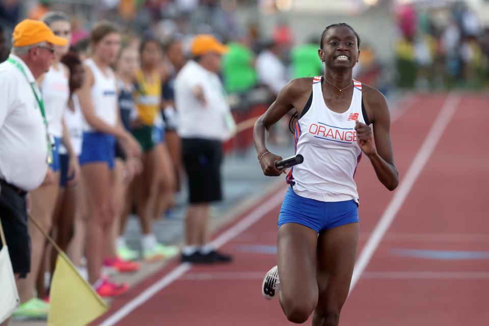 Olentangy Orange's Teresa Christian competes in the 4x400 meter relay during the Division I State Track and Field Tournament on June 3 at Ohio State University's Jesse Owens Memorial Stadium in Columbus.