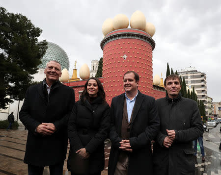 Ciudiadanos party leader in Catalonia, Ines Arrimadas (2nd L), poses with Ciudadanos party members in front of the Dali museum during a campaign stop in Figueres, Spain, December 15, 2017. REUTERS/Albert Gea
