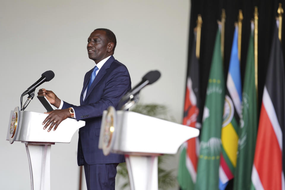 Kenyan President William Ruto gives an address during the launch of high-level peace talks for South Sudan at State House in Nairobi, Kenya, on Thursday, May 9, 2024. High-level mediation talks on South Sudan were launched in Kenya with African presidents in attendance calling for an end to a conflict that has crippled the country's economy for years. (AP Photo/Brian Inganga)