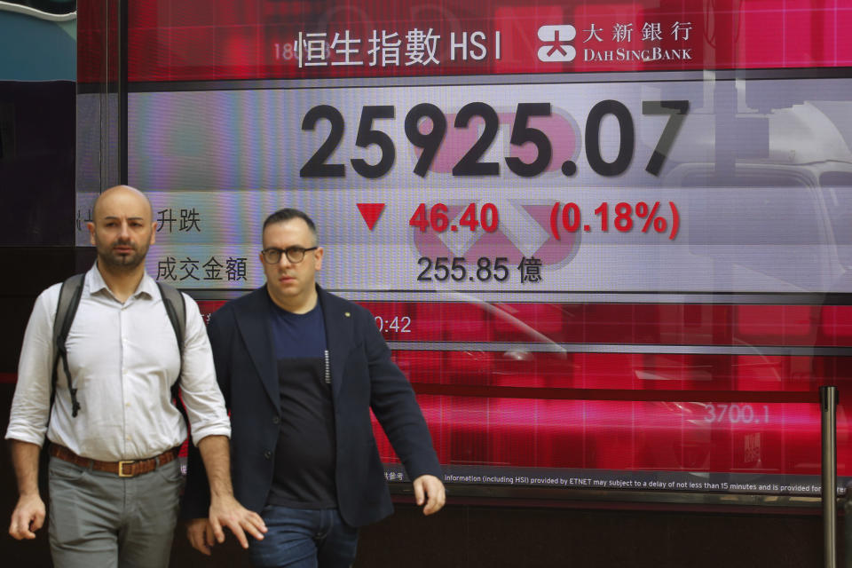 Two men walk past an electronic board showing Hong Kong share index outside a bank In Hong Kong, Thursday, Nov. 22, 2018. Asian markets were mostly lower on Thursday as a mixed bag of data from the United States that could point to softening growth rattled investors. (AP Photo/Kin Cheung)