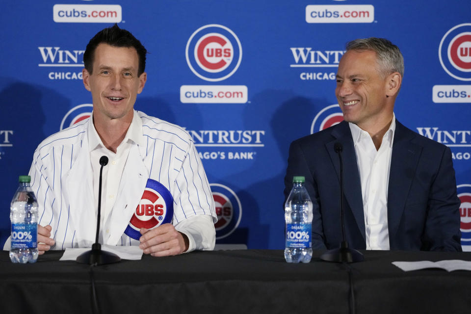 Chicago Cubs new baseball team manager Craig Counsell speaks as president of baseball operations Jed Hoyer looks on during a press conference in Chicago, Monday, Nov. 13, 2023.(AP Photo/Nam Y. Huh)