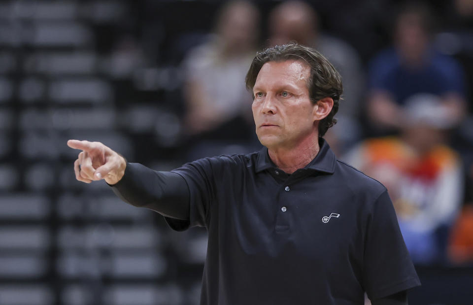 Utah Jazz coach Quin Snyder gives instructions to the team during the second quarter against the Los Angeles Clippers in an NBA basketball game Friday, March 18, 2022, in Salt Lake City. (AP Photo/Rob Gray)