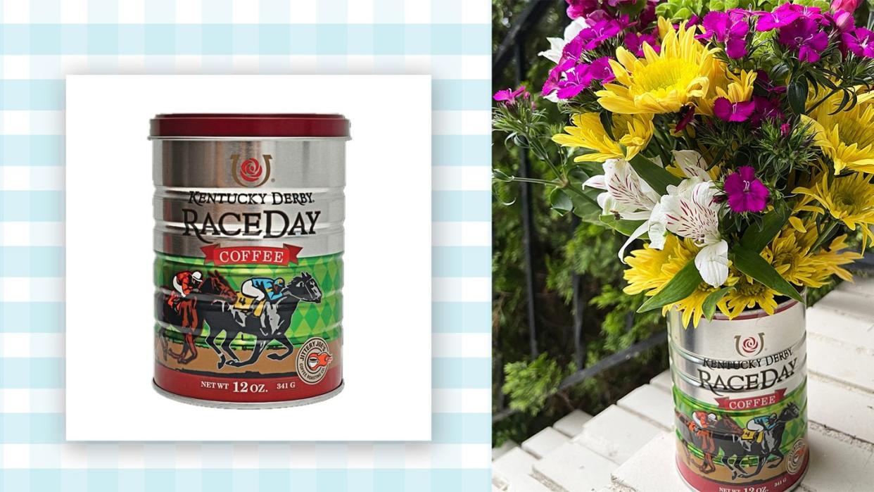 floral arrangement in jittery joe's coffee tin with vintage style illustration of kentucky derby
