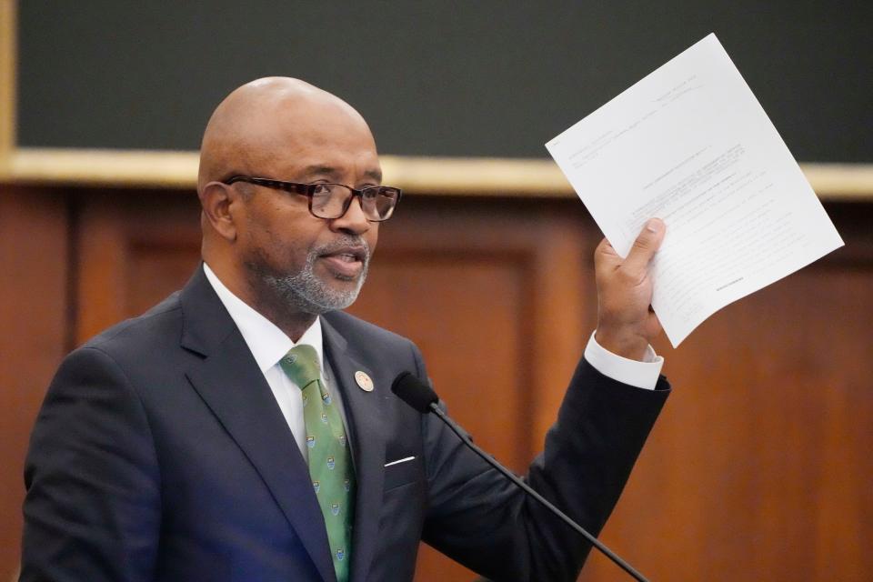 Mississippi State Rep. Robert Johnson, D-Natchez, offers a amendment to a resolution offered by Rep. Fred Shanks, R-Brandon, that would allow Mississippi residents to put policy proposals on statewide ballots, except for abortion and a few other issues, Wednesday, Jan. 24, 2024, at the Mississippi State Capitol in Jackson. The amendment was tabled by the Republican-dominated House who later approved the resolution in an 80-36 vote.