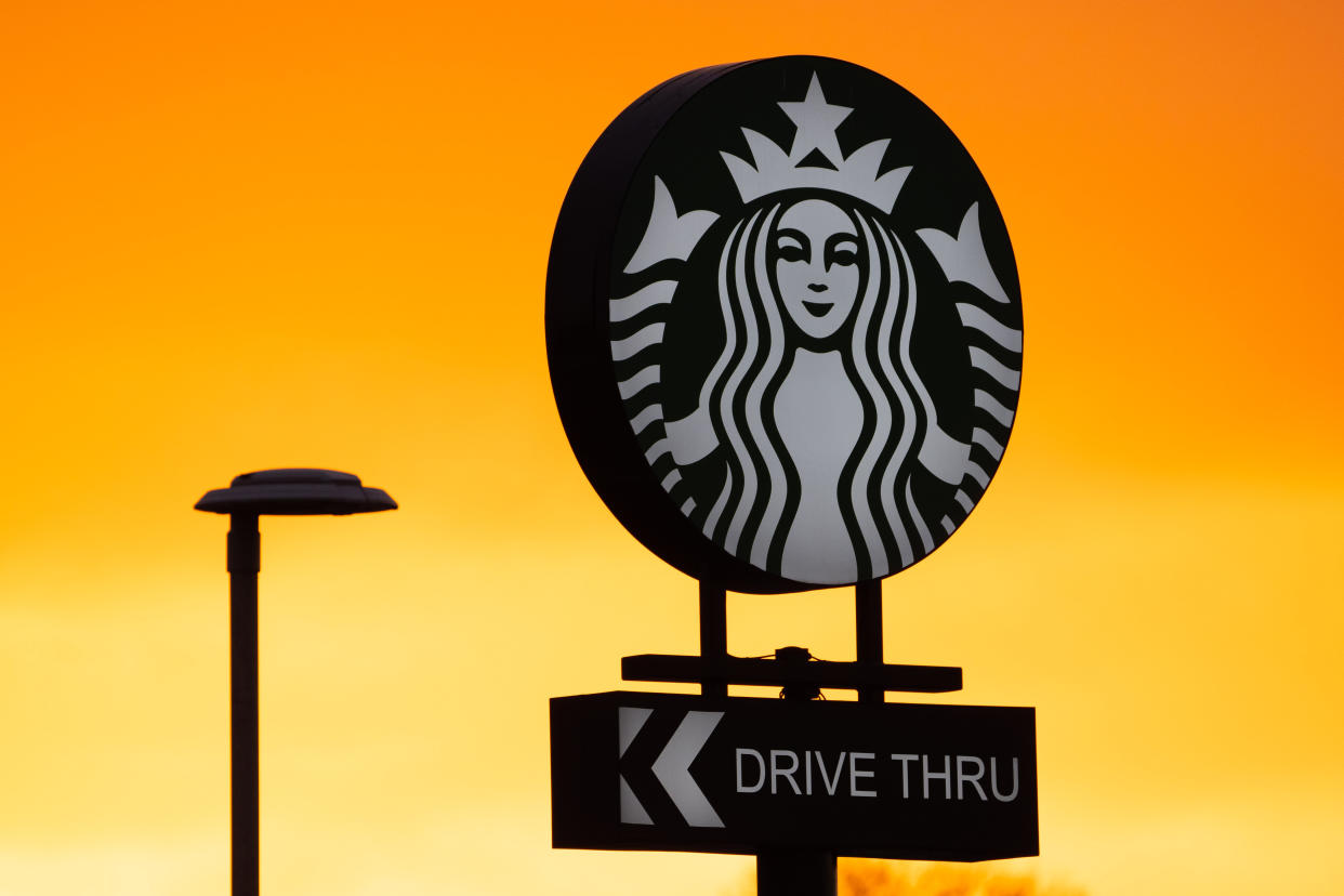 A close-up of a Starbucks drive through sign on January 18, 2022 in Cardiff, Wales. (Photo by Matthew Horwood/Getty Images)