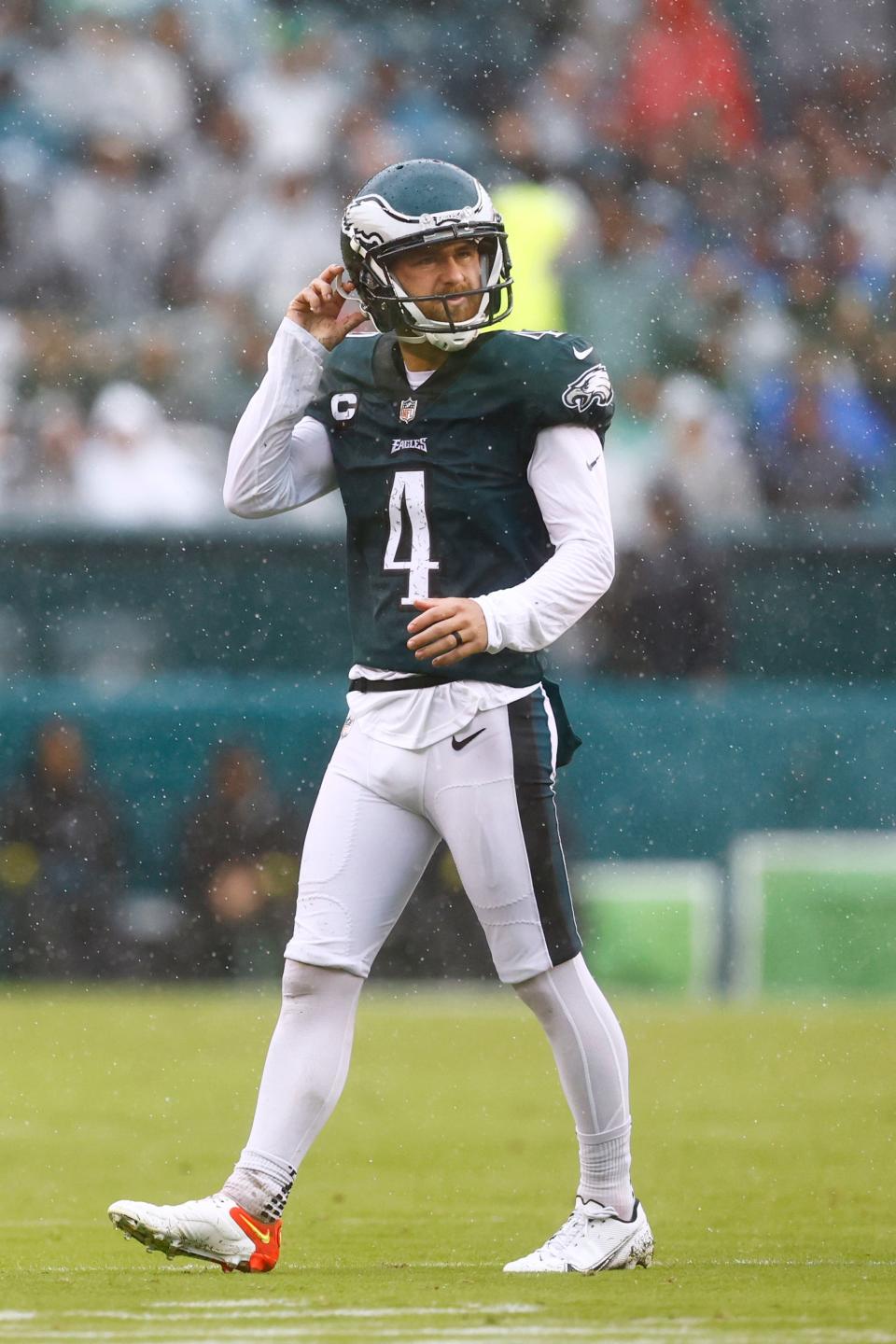 Philadelphia Eagles place kicker Jake Elliott (4) against the Jacksonville Jaguars during an NFL football game, Sunday, Oct. 2, 2022, in Philadelphia. The Eagles defeated the Jaguars 29-21.