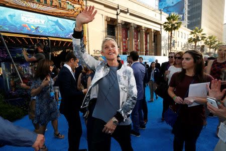 Cast member Ellen DeGeneres waves at the premiere of "Finding Dory" at El Capitan theatre in Hollywood, California U.S., June 8, 2016. REUTERS/Mario Anzuoni/Files