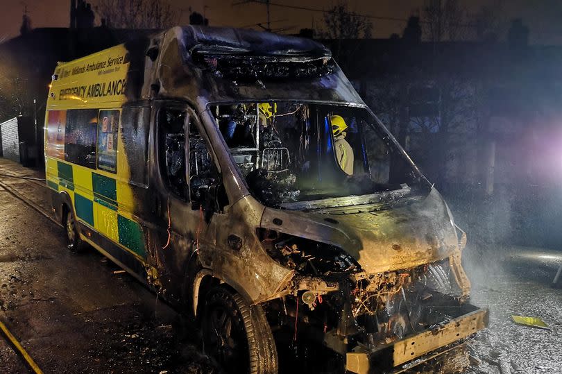 The West Midlands Ambulance Service vehicle was ravaged by fire as crew treated a patient in their home (West Midlands Ambulance Service)