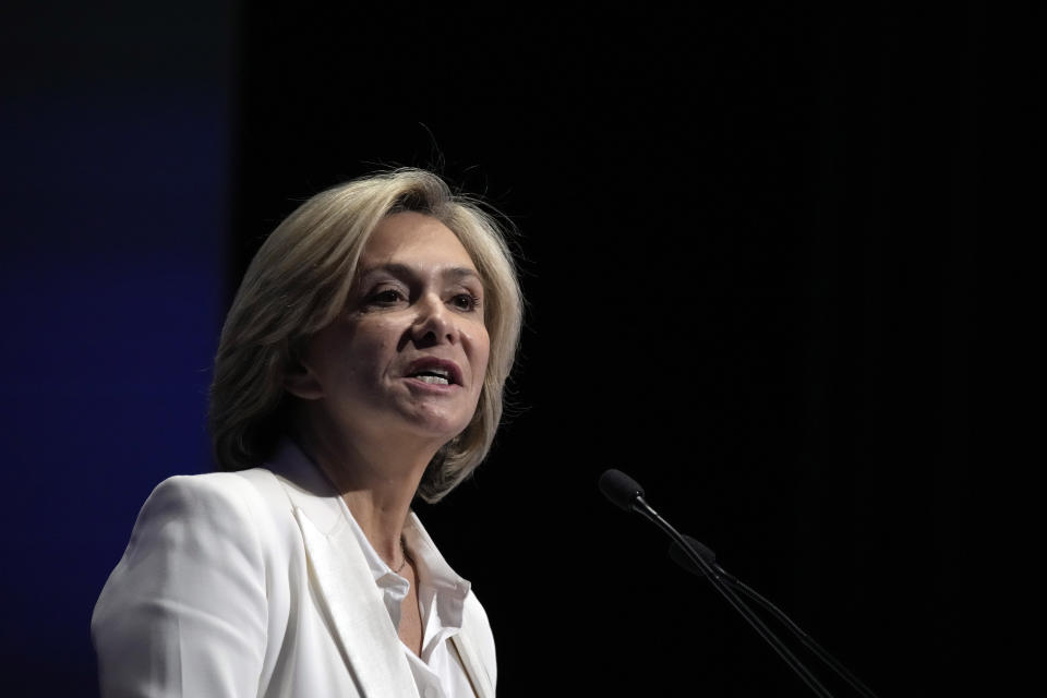 Valerie Pecresse, candidate for the French presidential election 2022, delivers a speech during a meeting in Paris, France, Saturday, Dec. 11, 2021. The first round of the 2022 French presidential election will be held on April 10, 2022 and the second round on April 24, 2022. (AP Photo/Christophe Ena)