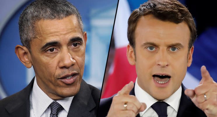 Former U.S. President Barack Obama, left, and head of France’s political movement En Marche !, Emmanuel Macron. (Photos: Alex Wong/Getty Images, Benoit Tessier/Reuters)