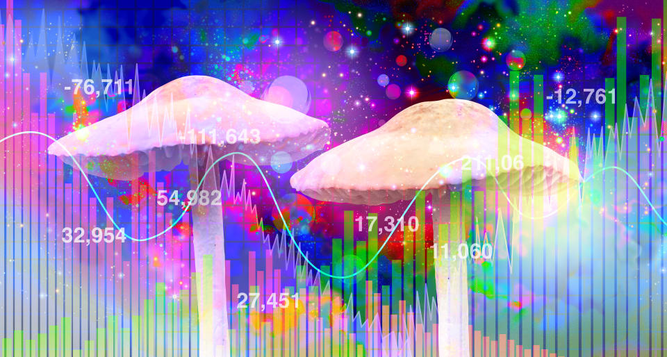 Psychedelics business and psychedelic drug investing or hallucinogenic drugs industry and hallucinogens representing the business of mind altering substances in a 3D illustration elements.