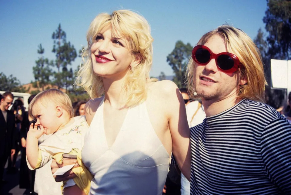 PHOTO: Kurt Cobain with wife Courtney Love and daughter Frances Bean Cobain, Sept. 2, 1993, at the MTV Music Awards. (Terry Mcginnis/WireImage/Getty Images)