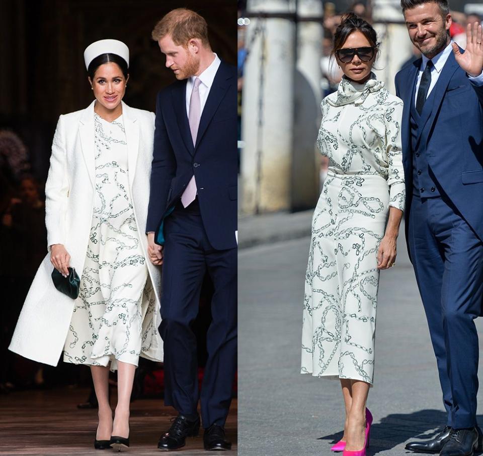 <p>Fans of Meghan Markle's bridle print dress that the royal wore to Commonwealth Day in 2019 were thrilled when they realized they <a href="https://www.harpersbazaar.com/culture/film-tv/a26783474/meghan-markle-commonwealth-day-white-dress/" rel="nofollow noopener" target="_blank" data-ylk="slk:could purchase the frock for themselves;elm:context_link;itc:0;sec:content-canvas" class="link ">could purchase the frock for themselves</a>—albeit, for a hefty price tag. Victoria Beckham wore the same dress a few months later to a wedding in Spain.</p>