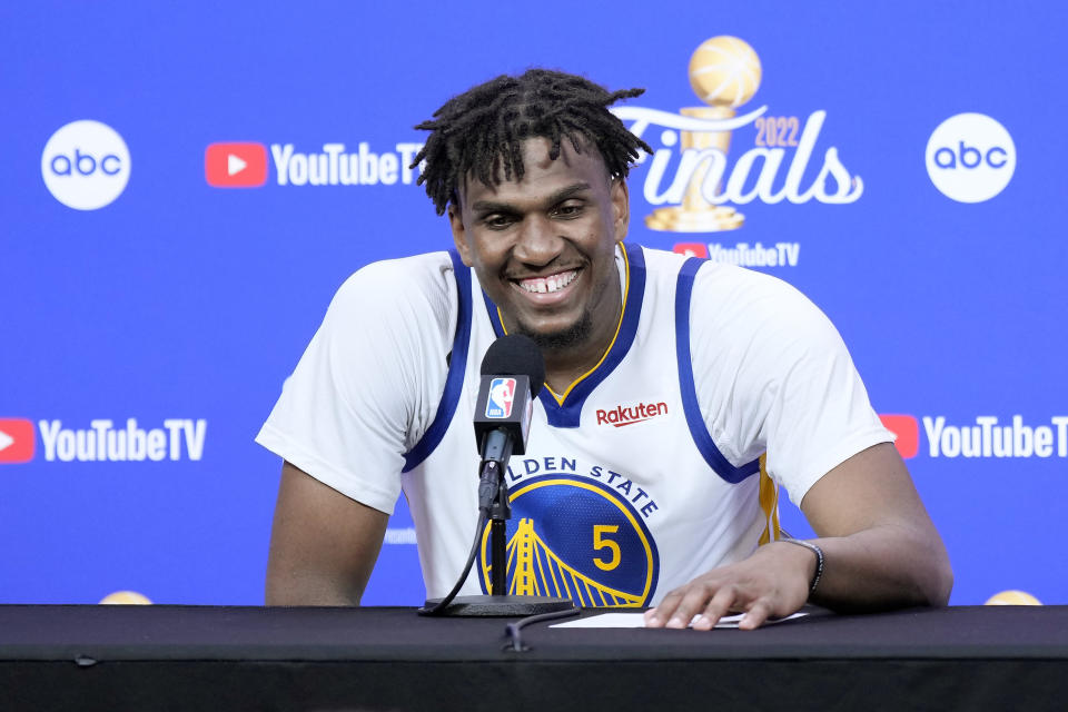 SAN FRANCISCO, CALIFORNIA - JUNE 05: Kevon Looney #5 of the Golden State Warriors speaks to the media after defeating the Boston Celtics in Game Two of the 2022 NBA Finals at Chase Center on June 05, 2022 in San Francisco, California. NOTE TO USER: User expressly acknowledges and agrees that, by downloading and/or using this photograph, User is consenting to the terms and conditions of the Getty Images License Agreement. (Photo by Thearon W. Henderson/Getty Images)