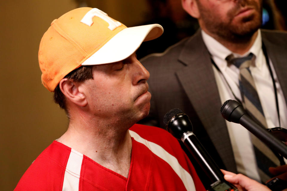 Rep. Chuck Fleischmann (R-Tenn.) reacts about the shooting he was present for at a Republican congressional baseball practice in Alexandria, Virginia, as he speaks with reporters at the U.S. Capitol in Washington&nbsp;on June 14, 2017.