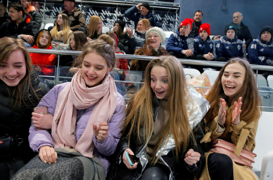 Fans pack the stands at a hockey game in Minsk, Belarus on March 30. (Reuters/Vasily Fedosenko)