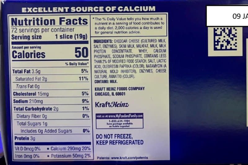 Back of the 3 lb. Kraft Singles package of recalled cheese product. Customers should not consume this product and can get exchanges or refunds from Kraft Heinz. Photo courtesy of Kraft Heinz